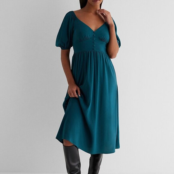 V-Neck Puff Sleeve Button Front Tie Back Midi Dress - Picture 1 of 4